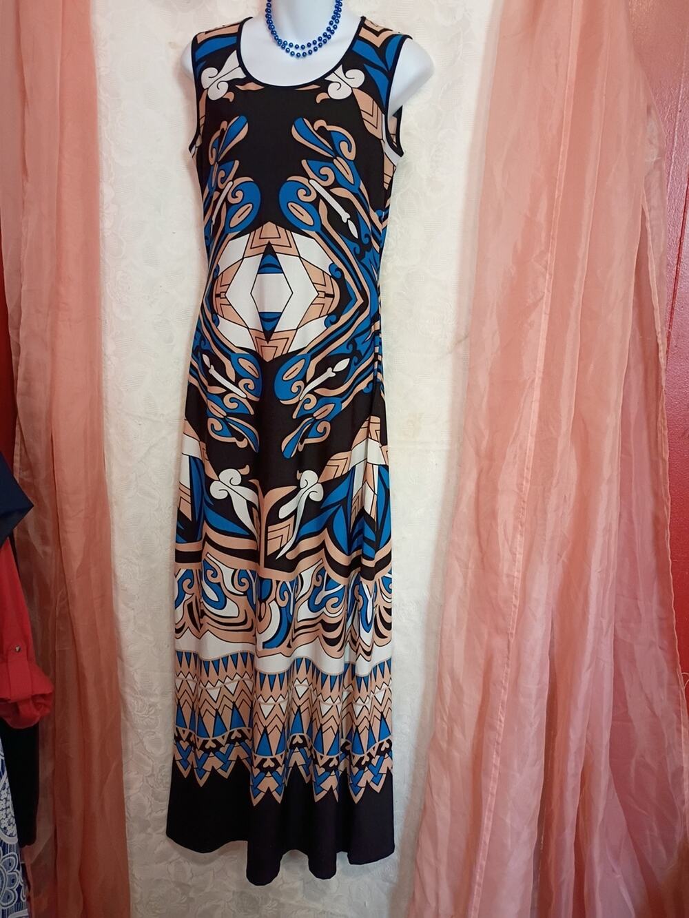 Milano Ladies Black, Blue & Tan Geometric Maxi Dress Sz Sm